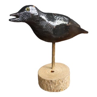 Early 20th Century Carved Black Crow Folk Art Decoy on Wood Base For Sale