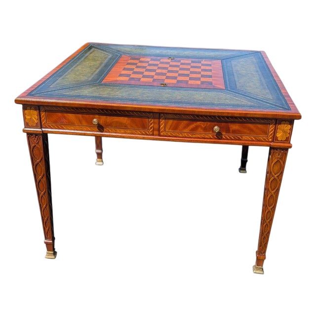 Vintage Maitland-Smith Leather-Top Games Table With Chess, Checkers & Backgammon For Sale