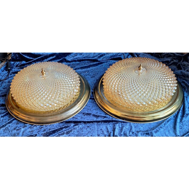 Vintage Ceiling Lamps with Brass Rim and Relief Glass Shade, 1970s, Set of 2 For Sale - Image 6 of 7