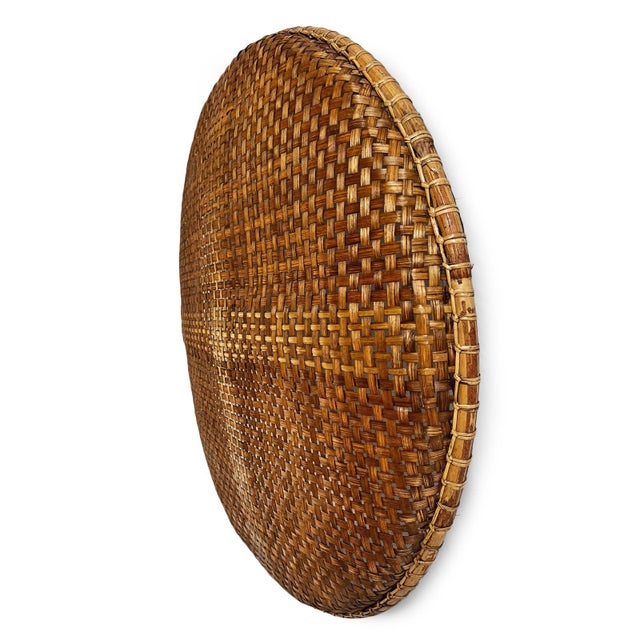 Vintage Bamboo Woven Round Basket Tray XL For Sale - Image 4 of 8