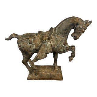 Mid 20th Century Vintage Cast Iron Tang Dynasty Style Prancing Horse Sculpture For Sale