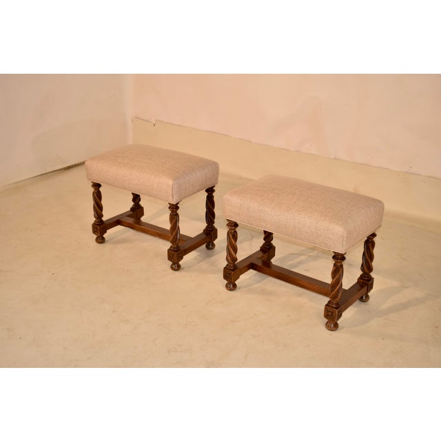 19th Century Pair of 19th Century French Walnut Upholstered Stools For Sale - Image 5 of 8