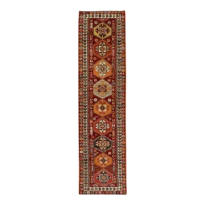 1960s Red Geometric Design Handwoven Wool Vintage Turkish Runner 3'2" X 12'3"