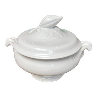 Large White Ceramic Serving Bowl With Matching Lid in a Nautical Style For Sale