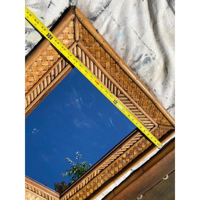 Wood Pair of Vintage Woven Bamboo & Rattan Wall Mirrors — Tropical Coastal Hollywood Regency, 30" X 24" For Sale - Image 7 of 9