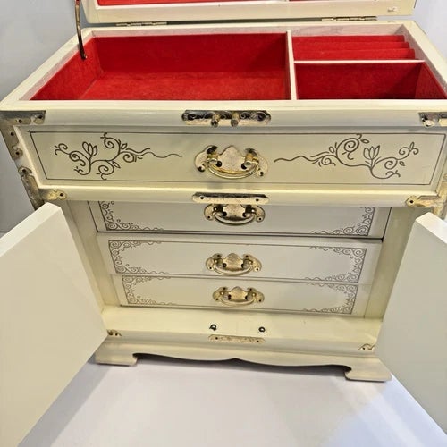 Vintage Large Japanese Cream Lacquer Wood Jewelry Box 3 Drawers, Lift Top With Two Locks For Sale - Image 9 of 13