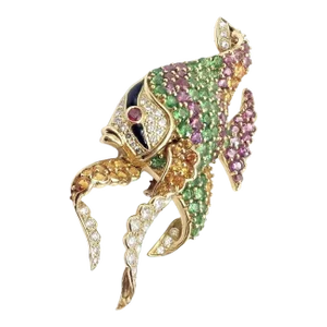 Jean Vitau Diamond Color Stone Large Angel Fish Yellow Gold Brooch