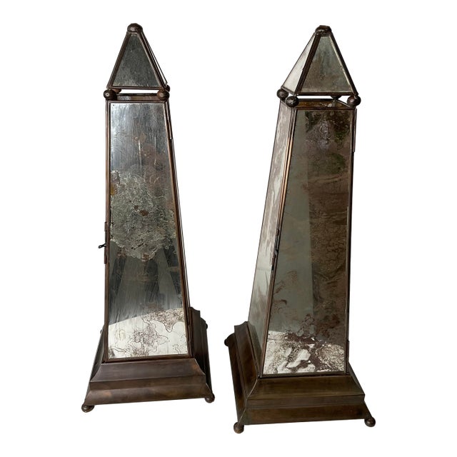 Pair of Antique Mirrored Obelisks For Sale