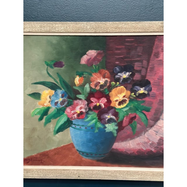 G. Stränz, Pansies in Blue Vase, 1960s, Oil Painting on Canvas, Framed For Sale - Image 7 of 17