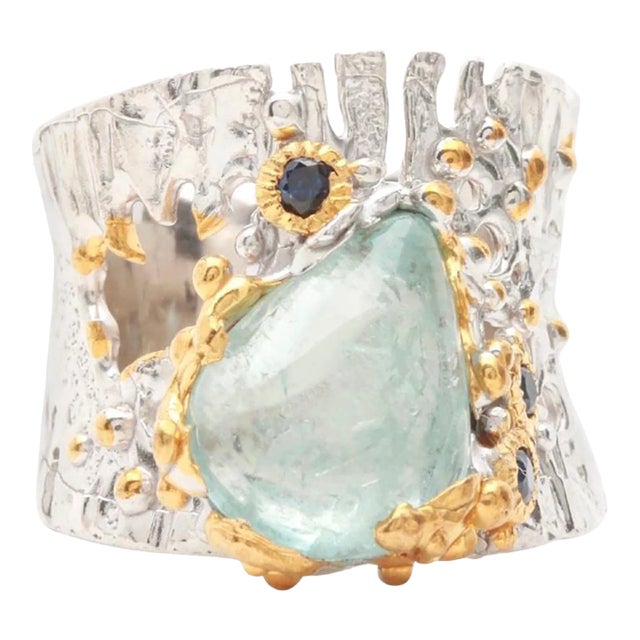 Brutalist Sterling Silver Vermeil Aquamarine Sapphire Ring Size 7.25 For Sale