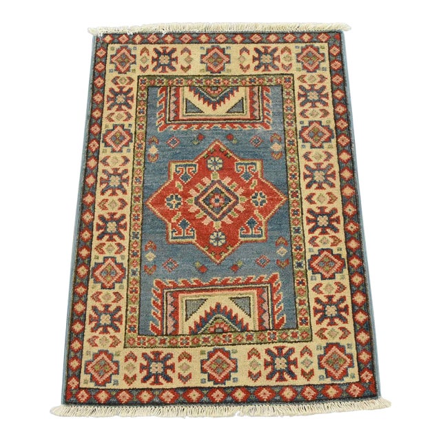 Kazak Rug 2’1” X 3′ Blue Wool Tribal Hand-Knotted Oriental Carpet For Sale