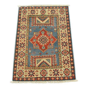 Kazak Rug 2’1” X 3′ Blue Wool Tribal Hand-Knotted Oriental Carpet