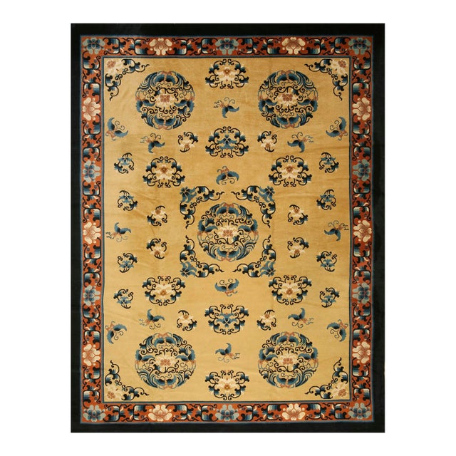 1980s Beige Medallion Vintage Modern Chinese Peking Carpet 9'4" X 12'3" Knotted Wool Rug For Sale