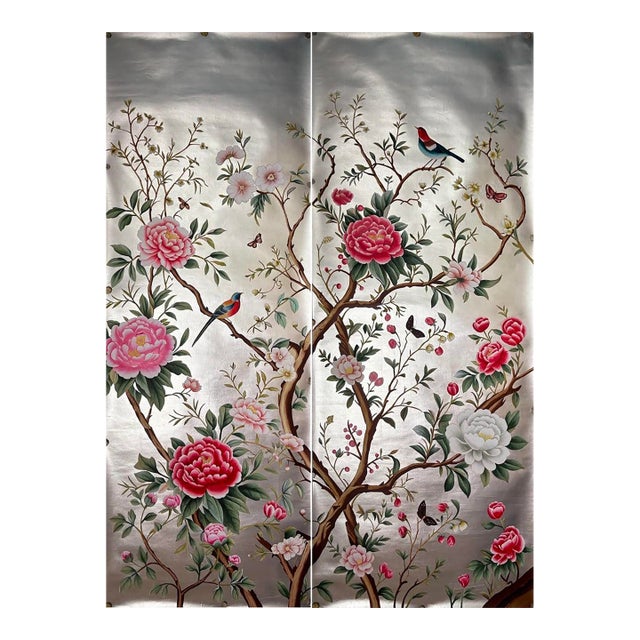 Hand-Painted Chinoiserie Wallpaper Panels on Champagne Gold Leaf — Peony & Bird Scene, 3'×8' Each, Set of 2 For Sale