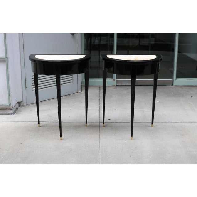 19th Century Pair of Ebonized Neoclassical Demi Lune Marble Top Consoles For Sale - Image 9 of 9