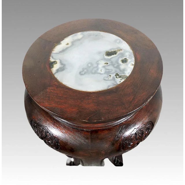 Tall Antique Chinese Rosewood Pedestal or Display Stand With Grey White Marble Top For Sale In Tampa - Image 6 of 11