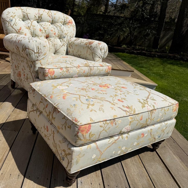 Custom Tufted Scalamandre Light Blue Floral Lounge Chair and Ottoman For Sale - Image 17 of 18
