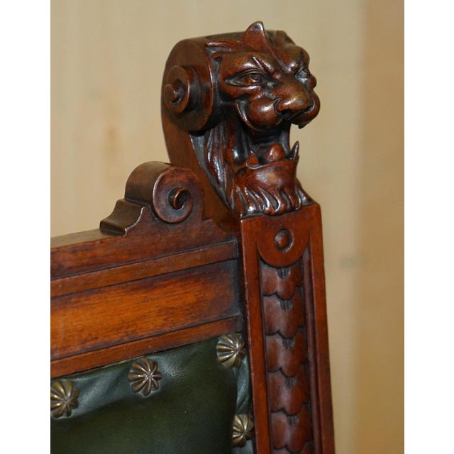Antique English Hand Carved Throne Armchair in Green Leather, 1880 For Sale - Image 6 of 18