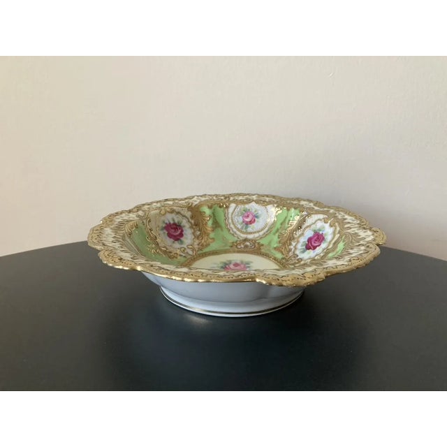 Victorian Early 20th Century Hand Painted Gold Nippon Green Floral Victorian Roses Porcelain Bowl, Japan For Sale - Image 3 of 12