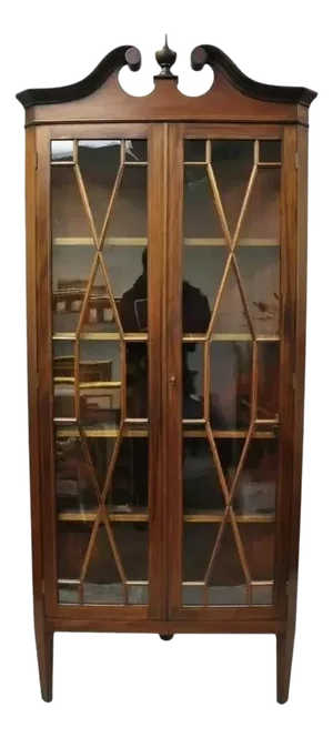 Antique English Georgian Style Mahogany Corner China Cabinet Display Case Curio