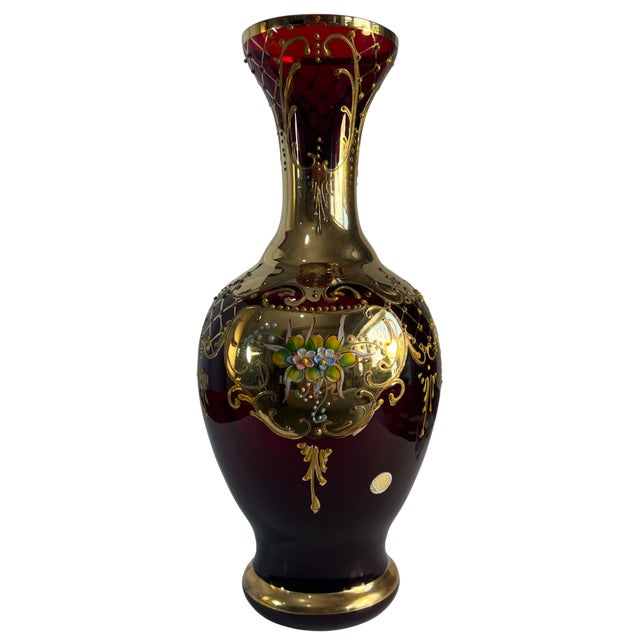 Murano Tre Fuochi 24k Gold Floral Ruby Art Glass Vase For Sale - Image 11 of 16