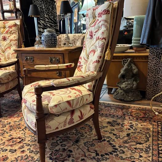 Cream Pair of Mid Century Regency Style Wood Frame Armchairs With Waverly Style Upholstery Fabric and Brass Finial and Tassel Accents For Sale - Image 8 of 14