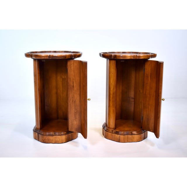 Hollywood Regency Burl Scalloped Pedestal Drum Table Cabinets, Pair For Sale - Image 3 of 7