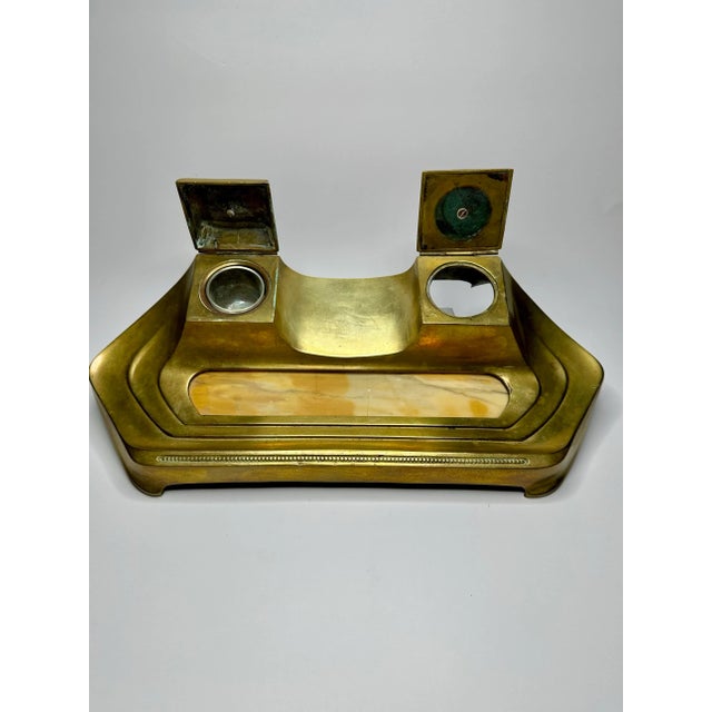 Vintage Art Deco Orange Marble and Brass Desk Set For Sale - Image 9 of 12