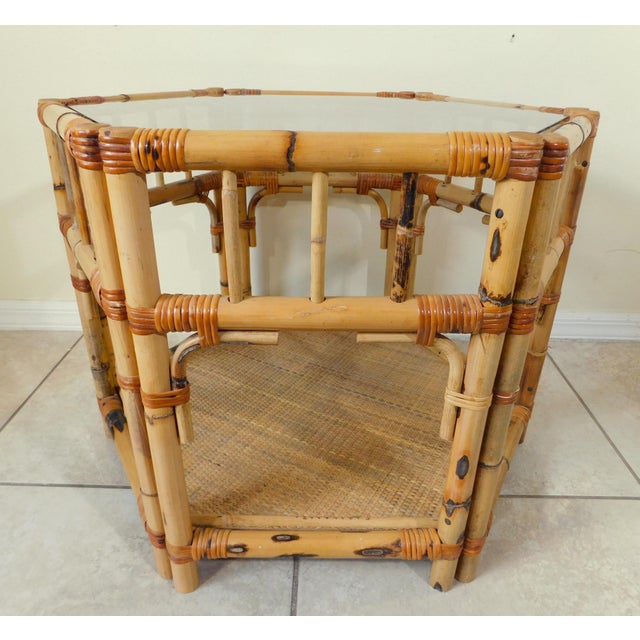 Vintage Mid Century Tortoise Shell Rattan Bamboo Hexagon Glass Top Side/End Table For Sale - Image 9 of 11