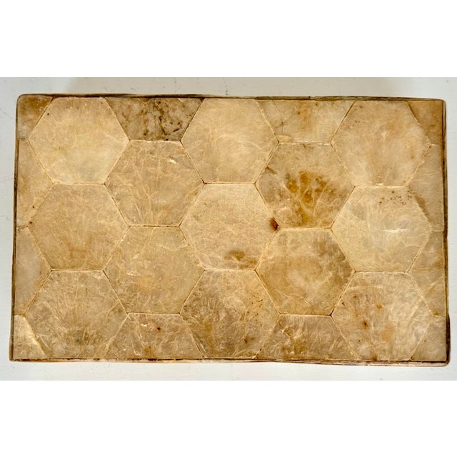 Hollywood Regency Vintage 1980’s Palm Beach Regency Tessellated Hexagon Capiz Shell Trinket, Jewelry Box With Brass Trim, ‘Maitland-Smith Style’ For Sale - Image 3 of 12