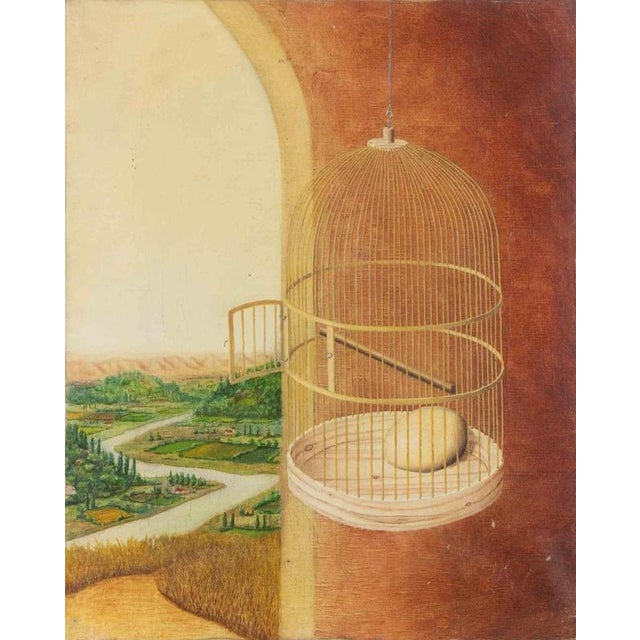 1980s Egg in the Cage, 1983, Oil Painting on Canvas For Sale - Image 5 of 5