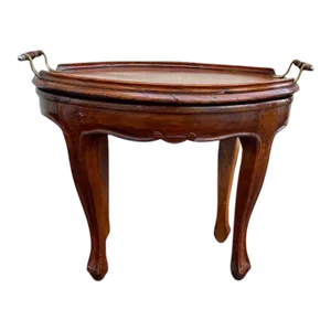 Antique French Rococo Style Solid Tiger Oak Cane Top Side Table With Tray.