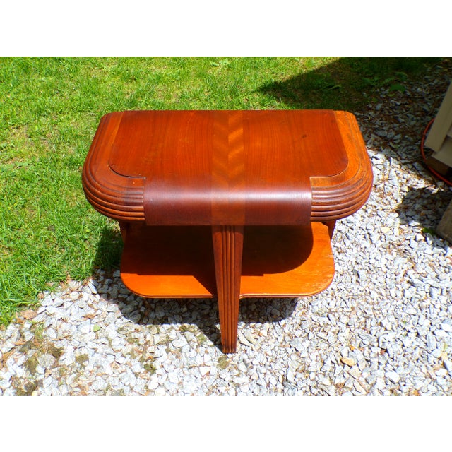 Brown Vintage Art Deco Waterfall End Table Demilune Tripod Stand For Sale - Image 8 of 16