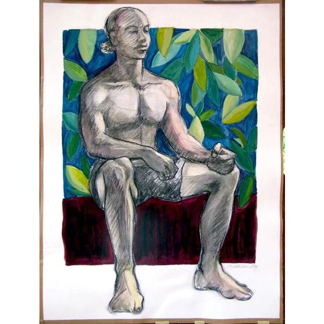 2010s Colorful Figure Sketch With Foliage Original Painting For Sale - Image 5 of 6
