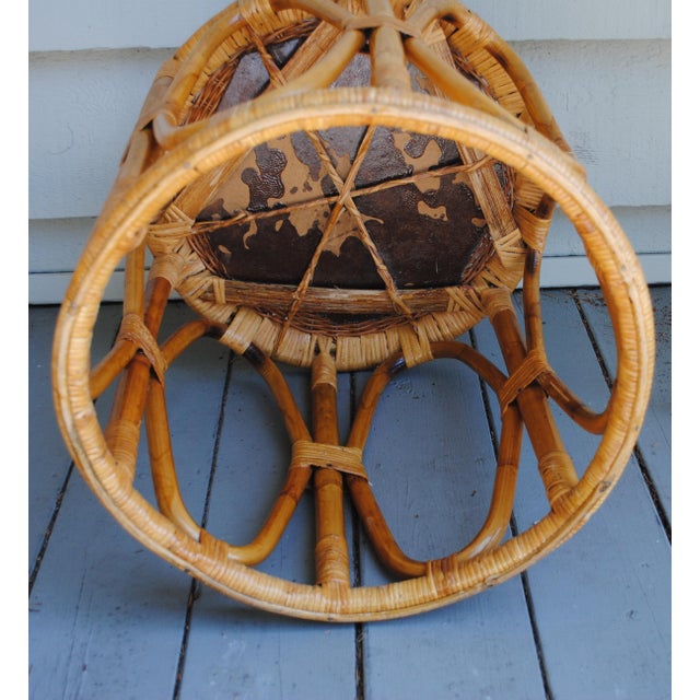 Tan Mid Century Round Drum Bamboo Wicker Top Accent Table For Sale - Image 8 of 9