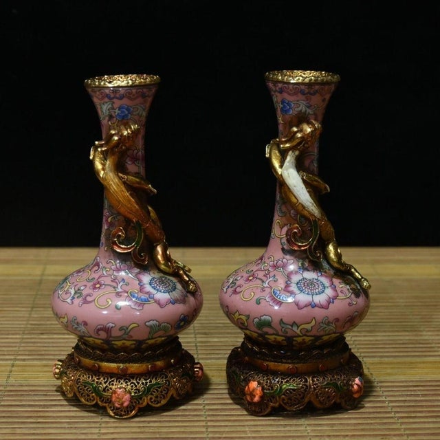 Vintage Chinese Pink Enamel Vase Pair With Dragon Relief and Filigree Stands For Sale - Image 4 of 9