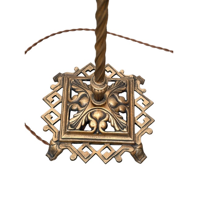 Art Deco Antique Wire Mesh Rembrandt Style Shade With Painted Stenciled Red Rose and Green Floral Design on 1920s Painted Gold Floor Lamp For Sale - Image 3 of 15