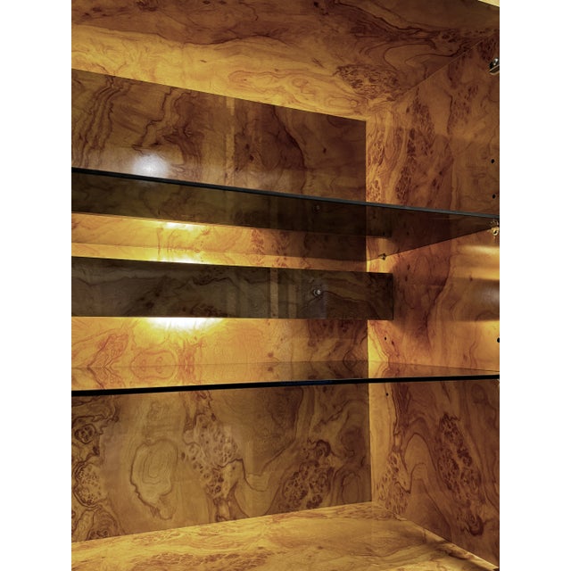 Genuine Burl Wood Mid-Century Matchbook Milo Baughman Glass Modern Cabinets For Sale In Columbus - Image 6 of 9