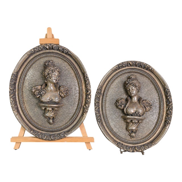 Vintage Neoclassical Silver-Tone Female Bust High-Relief Wall Plaques, Pair For Sale