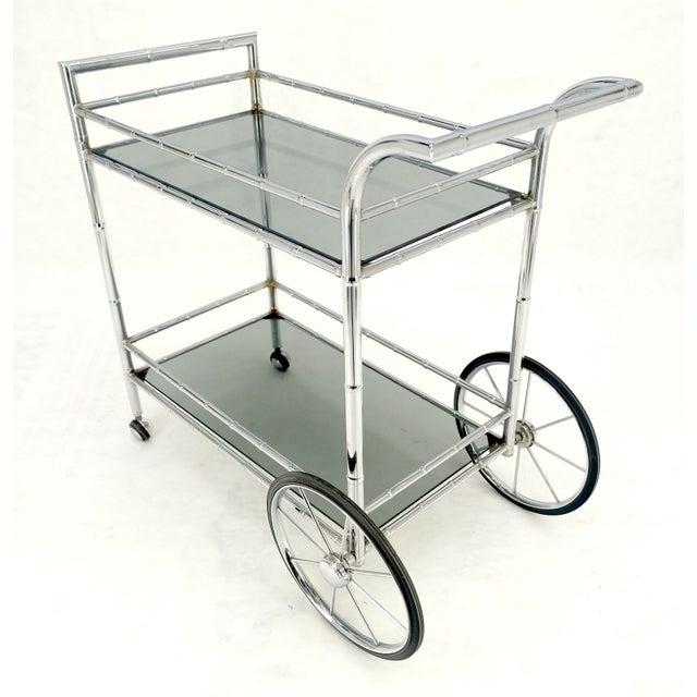 Chrome Italian Chrome Faux Bamboo Smoked Glass Two Tiers Serving Cart Bar Table MINT For Sale - Image 8 of 11
