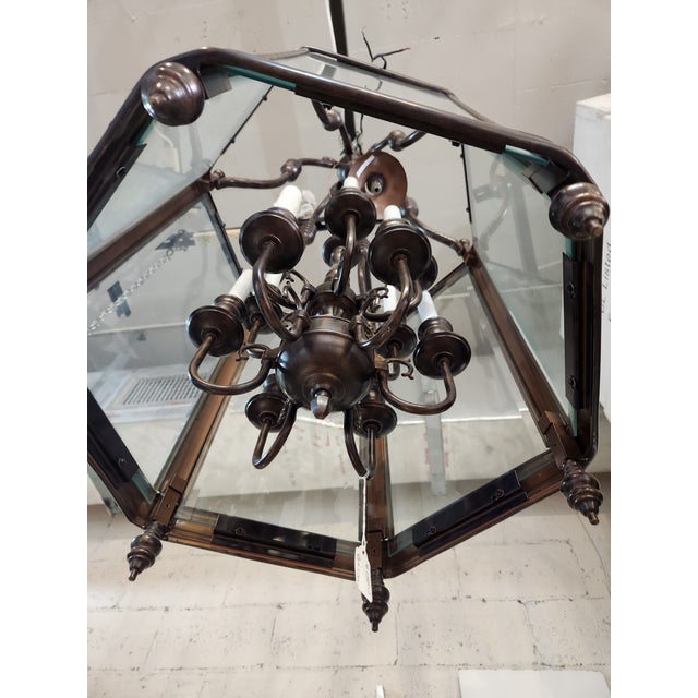 Hexagon bronze ( rubbed oil) hanging lantern, double cluster of lights, total of 12 lights candelabra base.