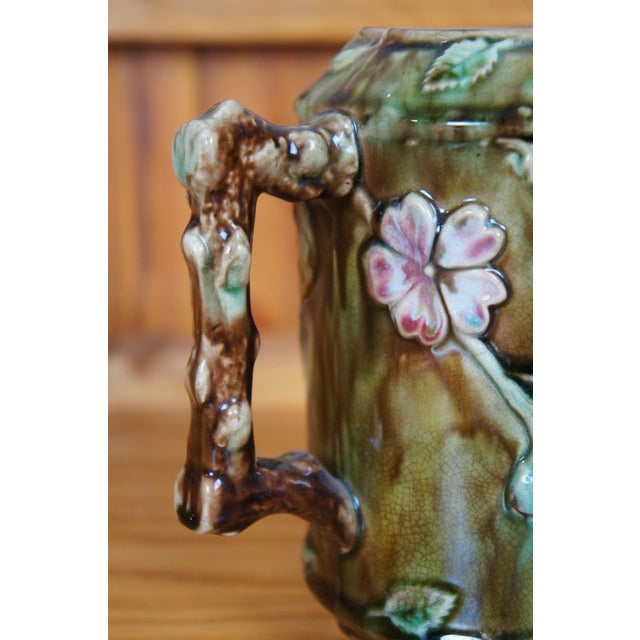 Ceramic Antique Majolica French Barbotine Dog Rose Flower Blossom Water Pitcher Jug For Sale - Image 7 of 12