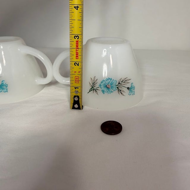 1950s Vintage Mid-Century Fire King Milk Glass Teacups Blue Cornflower Anniversary Pattern - Set of 2 For Sale - Image 5 of 11