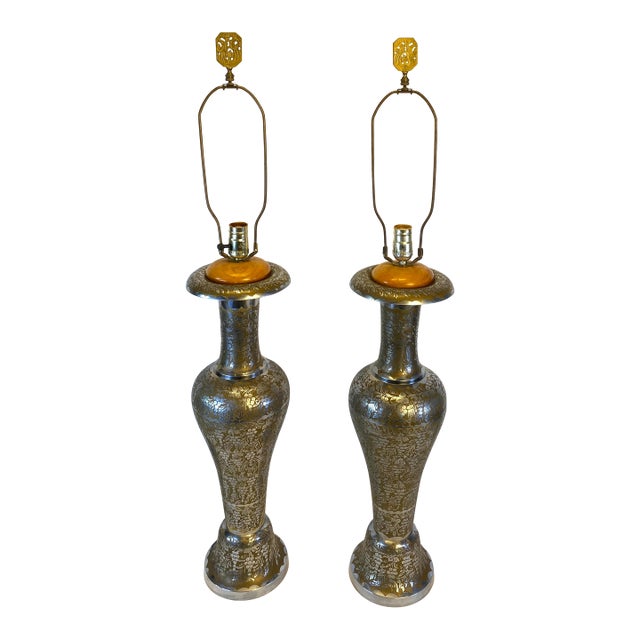 Pair of Moorish Etched Metal Table Lamps With Floral Arabesque Motifs For Sale