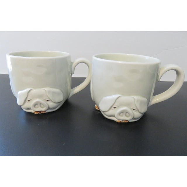 Fitz & Floyd Vintage 1977 Embossed Porky Ceramic Cups- a Pair For Sale - Image 4 of 10