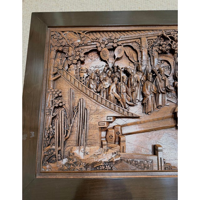 Chinoiserie Mid 20th Century Asian Hand-Carved Solid Teak Coffee Table - Glass Top, For Sale - Image 3 of 12