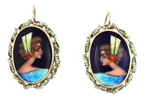 Pearl & Hand Painted 14k Yellow Gold Enamel Cameo Earring - 2 Pieces