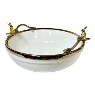 Vintage French Porcelain Hollywood Regency Metal Trimmed Faux Bois & Bunny Serving Bowl - Easter For Sale