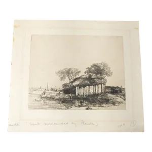 20th Century Facsimile Reproduction Rembrandt Van Rijn Print "Cottage With White Pailing"