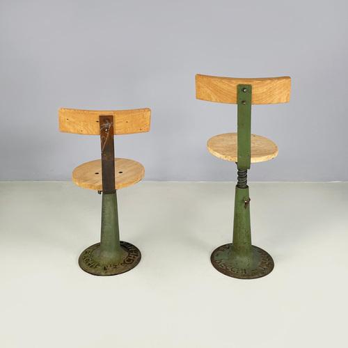 1920s Set of Italian Industrial Stools with Height-Adjustable Metal and Wood by Necchi, 1920s For Sale - Image 5 of 18